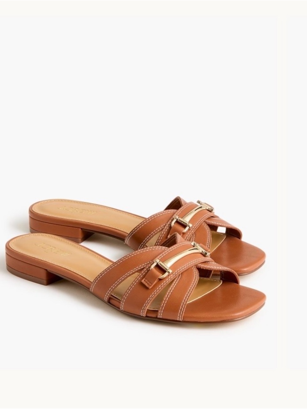 J. Crew Tan Leather Slide Sandals with Gold Buckle Detail